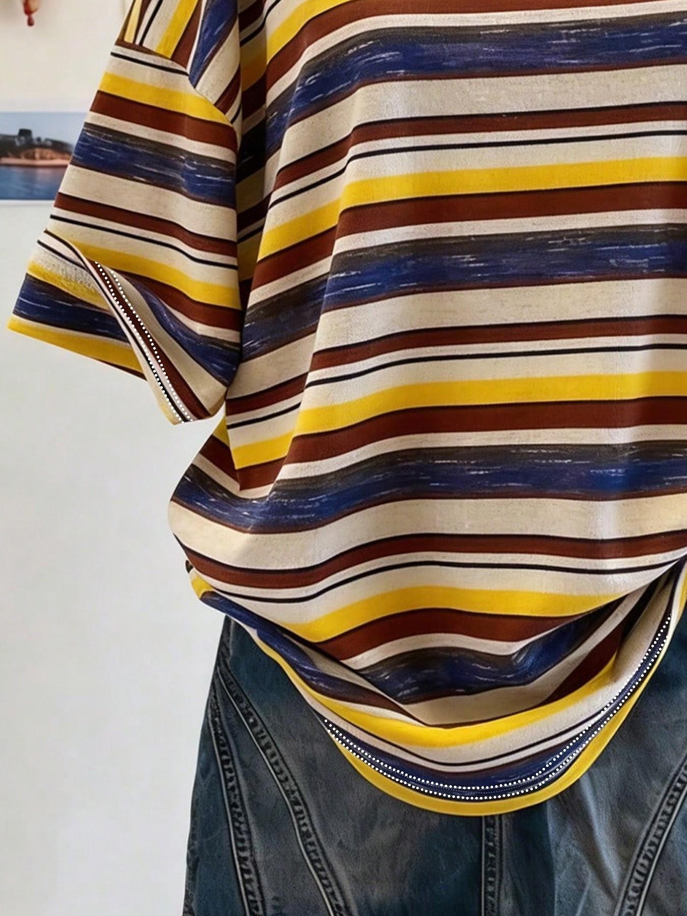Women's Striped Loose Fit T-Shirt, Short Sleeve Round Neck Digital Print Top, Casual Comfortable Daily Wear, Summer Fashion Basic Tee, Casual Summer Tees