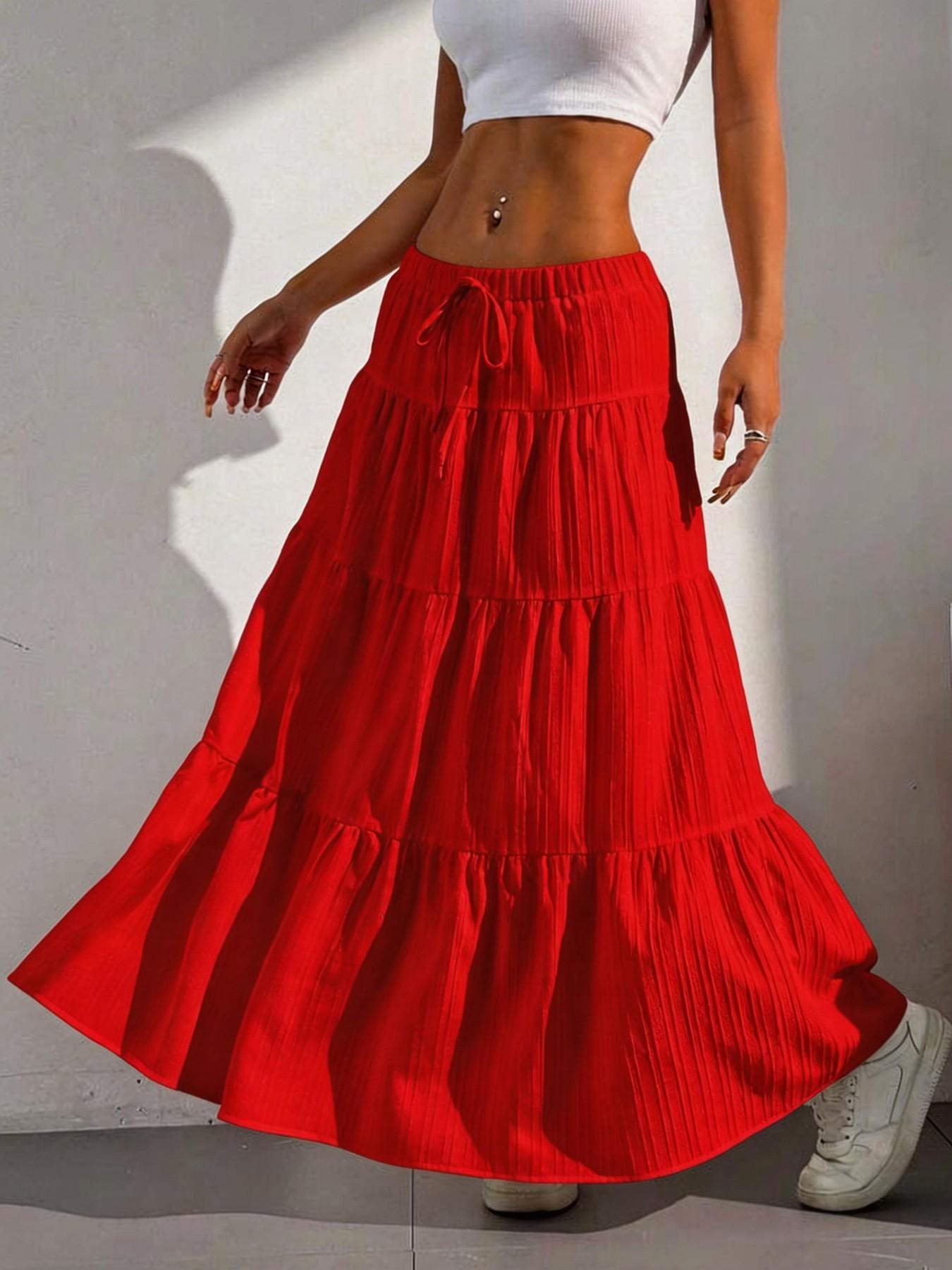 Women's Solid Color Tie Front   Skirt, Boho Fashion Casual   Long Skirt for Daily Holiday Vacation Wear, Ladies Bottoms for Summer