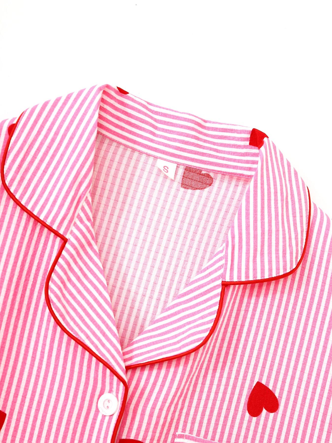 Women's Sleepwear Set, Short Sleeve Cardigan Top + Shorts + Long Pants, Striped Heart Print, Casual Fitted Style, All over Print