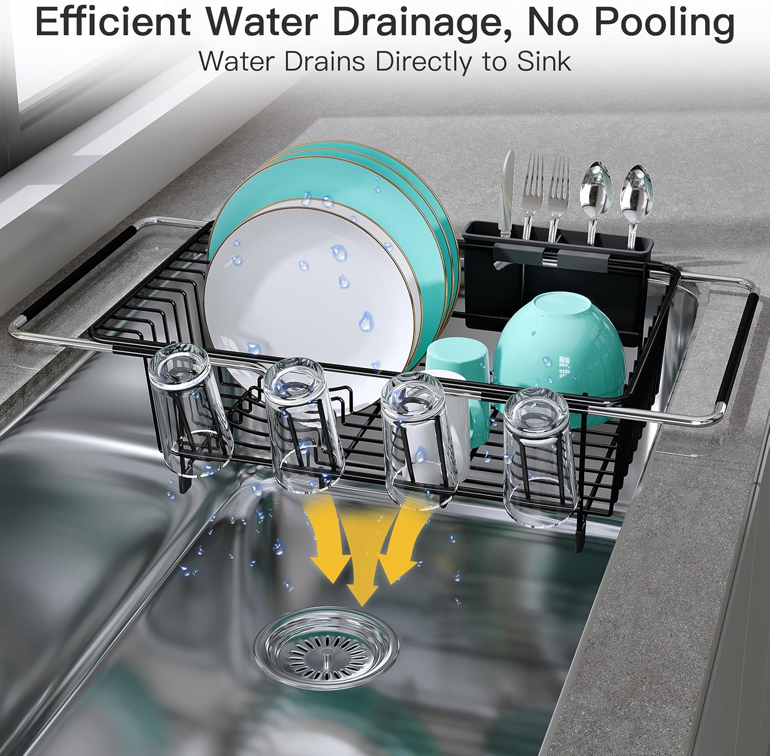 Dish Drying Rack for Sink, Expandable Stainless Steel Dish Drainer with Utensil Holder, Silver Over Sink and Inside Sink Dish Dryer Rack for Plates, Bowls, Cups and Kitchen Counter Storage