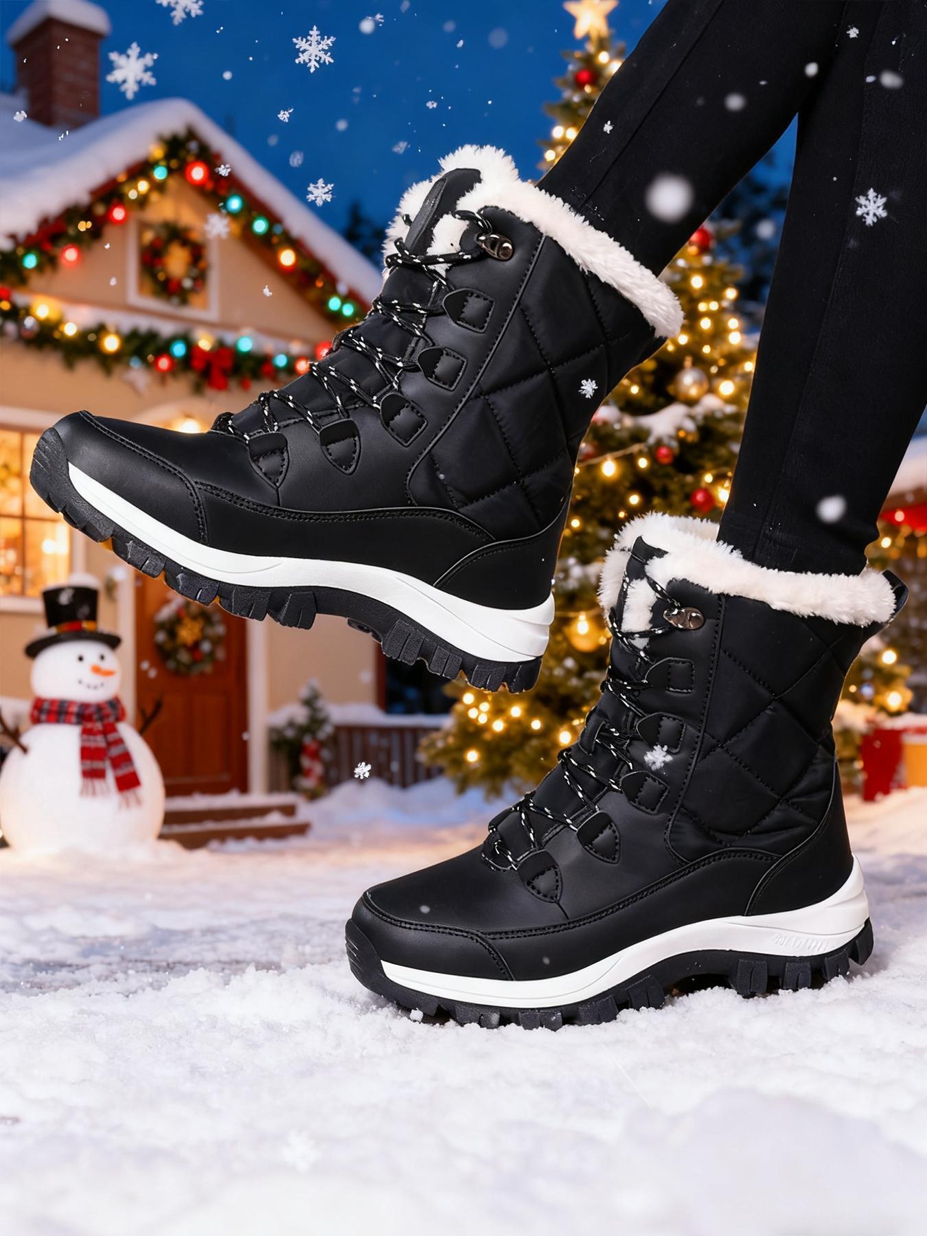Women's High-Top Lace-Up Hiking Boots, Trekking Shoes, Warm Outdoor Shoes, Durable Outdoor Snow Boots with Fleece Lining, Comfortable for Daily Wear and Outdoor Activities, Christmas Gift, Casual Hiking Shoes