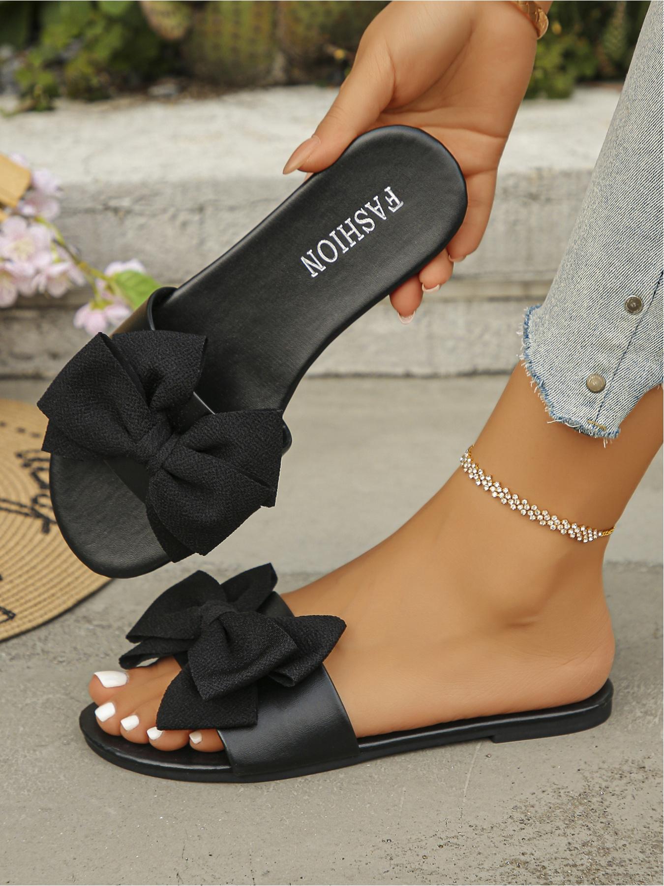 2026 Summer New Bow - decorated Flat Sandals, Multi - color (Green/Brown/Black/Yellow/Red/Orange/White) Square - toe Open - toe Soft - sole Women's Slides, Versatile for Daily Streetwear/Vacation/Home