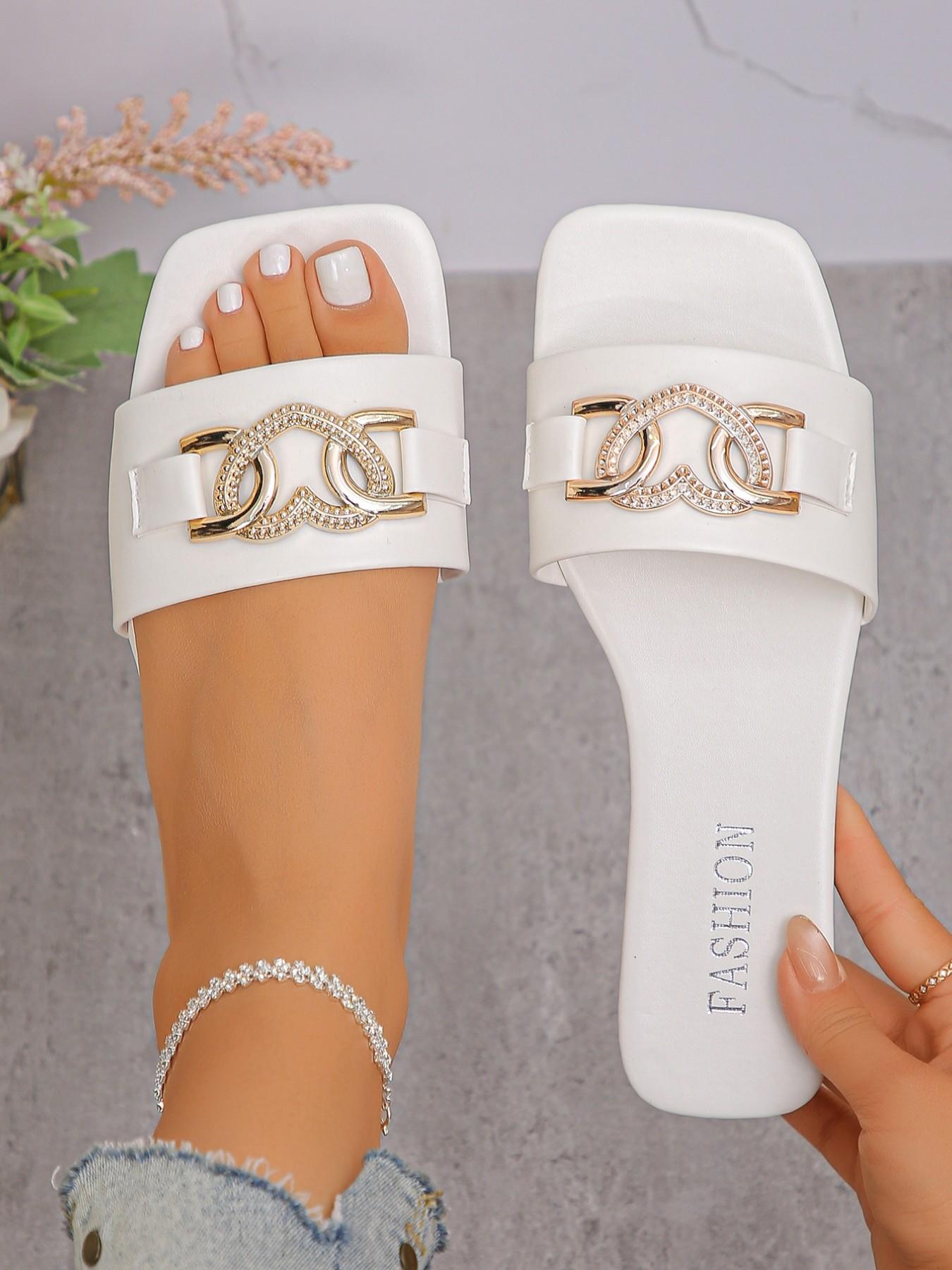 Women's Summer Flat Sandals, New Large Size Square Toe Heart Rhinestone Fashion Flip Flops, Comfortable Casual Footwear for Women