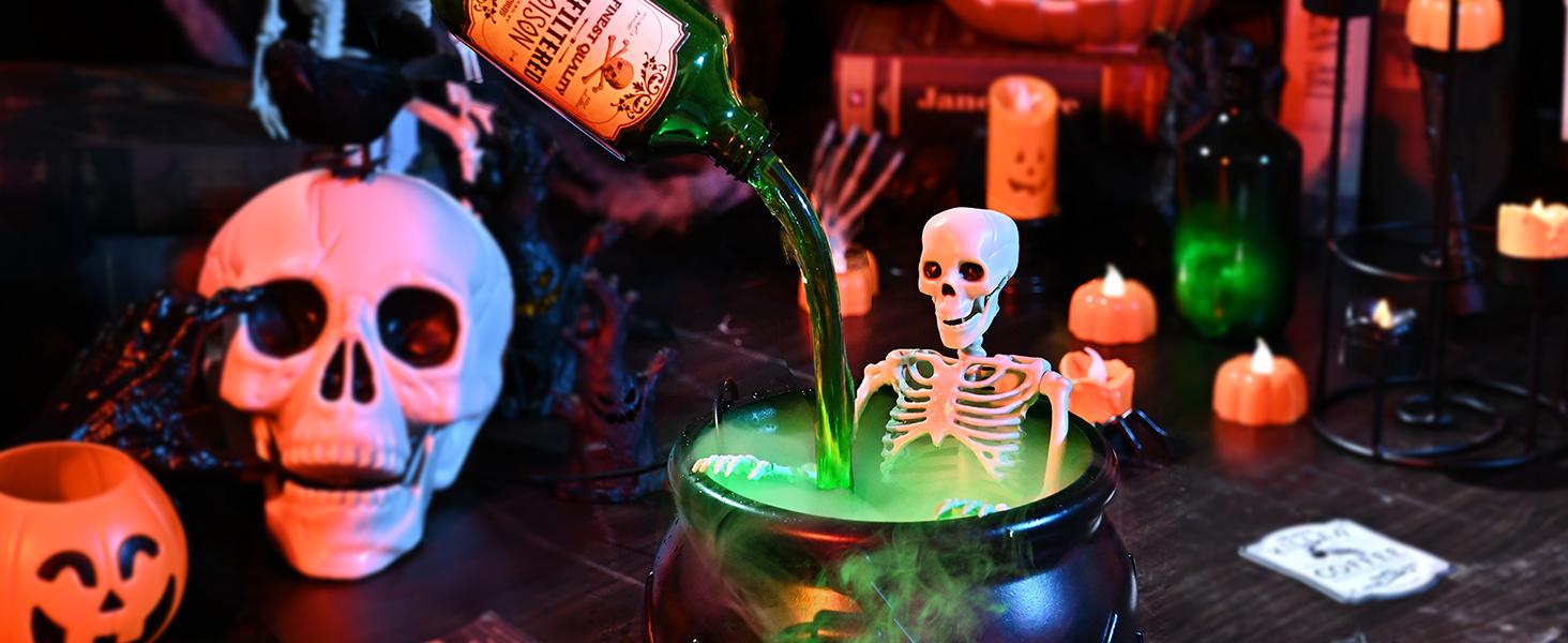 Halloween cauldron with skeleton and green mist