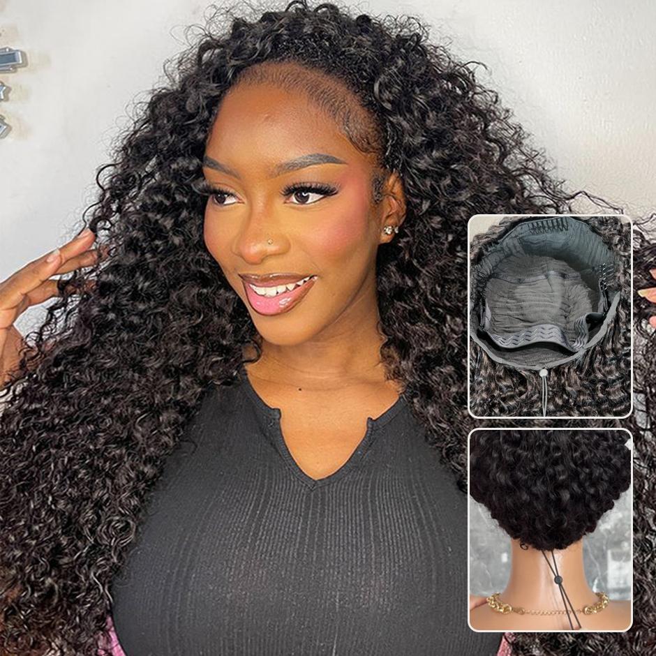 [18‘’=$96]Yawawe Hair 3 IN 1 Half Wigs Human Hair Kinky Curly Headband Wig Upgrade Glueless Wigs With Drawstring Seamless Clip Ins Flip Over