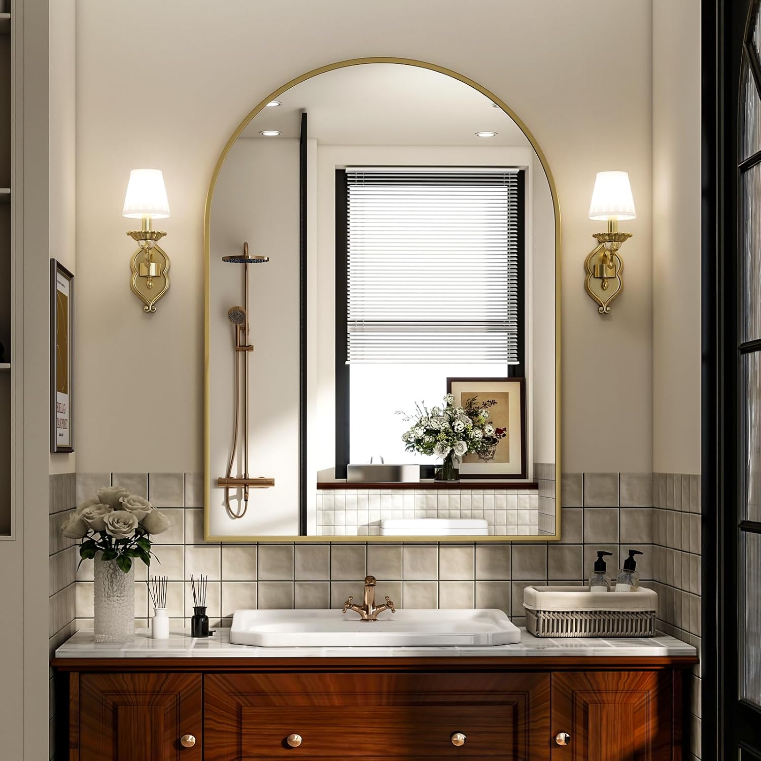 Arched Wall Mirror 30"L x 20"W with Rust-Proof Metal Frame - Anti-Fog & Explosion-Proof, Elegant Vanity Mirror for Bathroom, Bedroom, Entryway, Living Room Decor (Modern Luxury Design, Golden/Black)