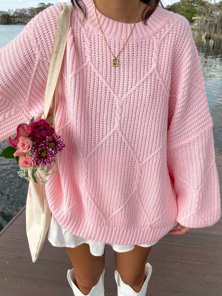 Women's Oversized Cable Knit Solid Color Long Sleeve Sweater Crew Neck Chunky Warm Thick Autumn Winter Cute Pullover Sweater for Casual Daily Wear, Fall Outfit for Women, Winter Sweater for Women, Women Winter Lightweight Knitwear