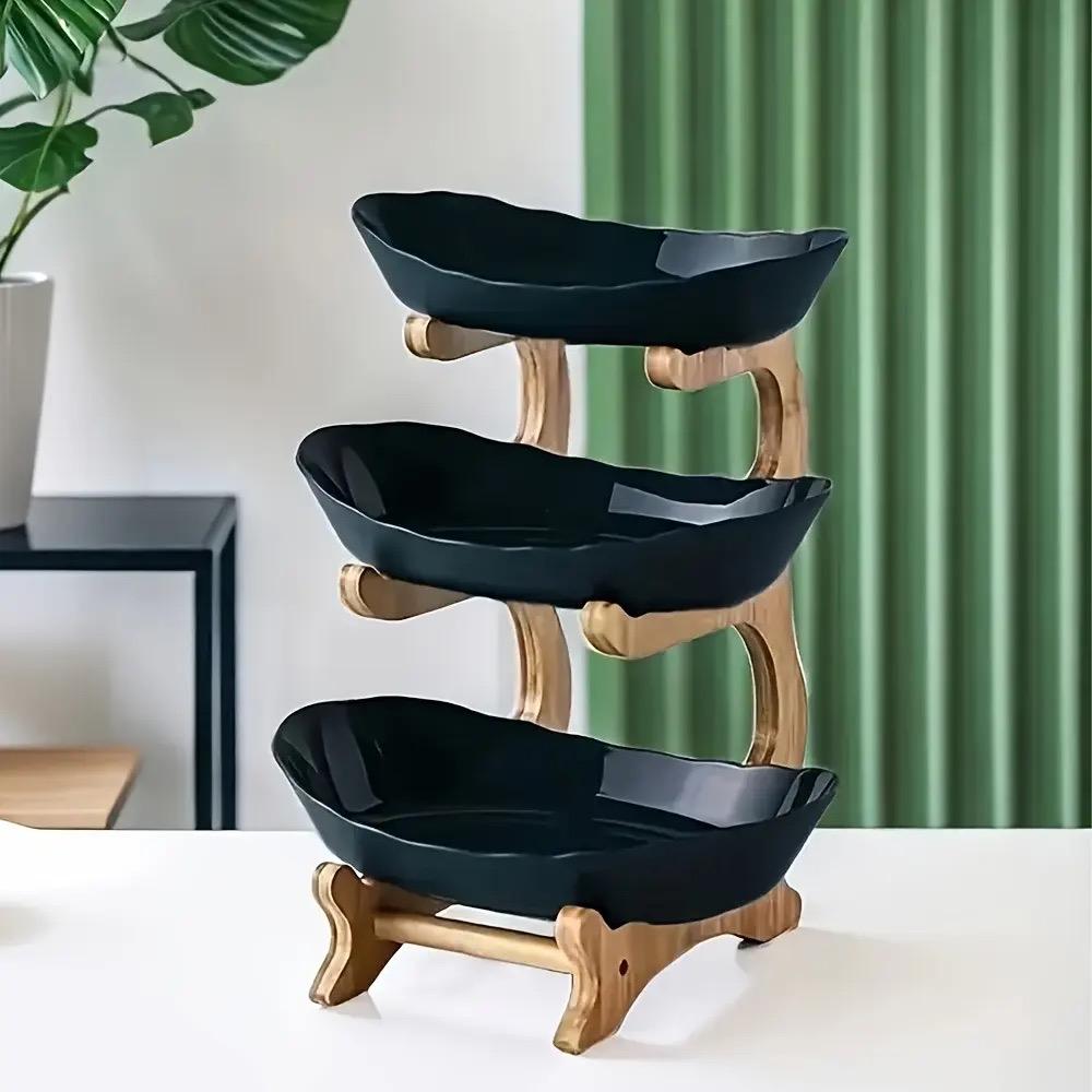 3-Tier Oval Fruit Basket with Bamboo Stand, Durable Polypropylene Kitchen Storage Rack, Modern Serving Tray, Display Riser