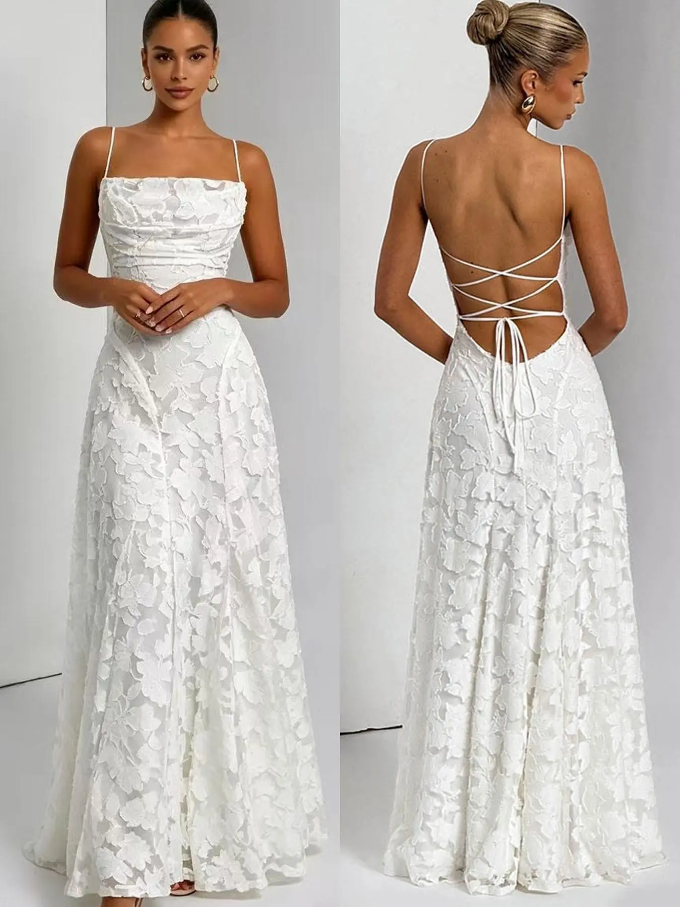 2026 New Season Sexy Embroidered Long Dress, Date Night Dresses, Solid Color Backless Tie Strap High-End Camisole Dress, Comfortable Soft Fabric, Beach Resort Style