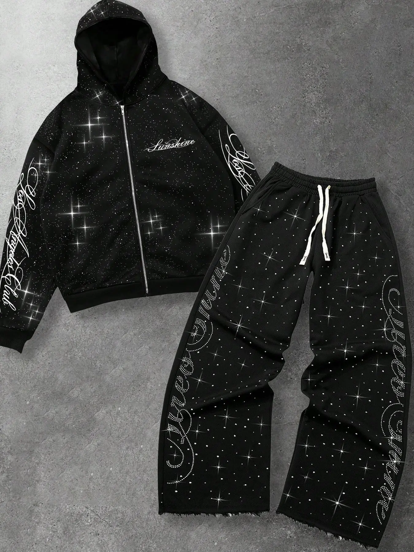 Men's Flash Star Warm Fleece Two-Piece Set, Fall Matching Sets, Loose Shoulder Full Zip Hooded Jacket + Drawstring Waist Wide Leg Pants, Fall Winter
