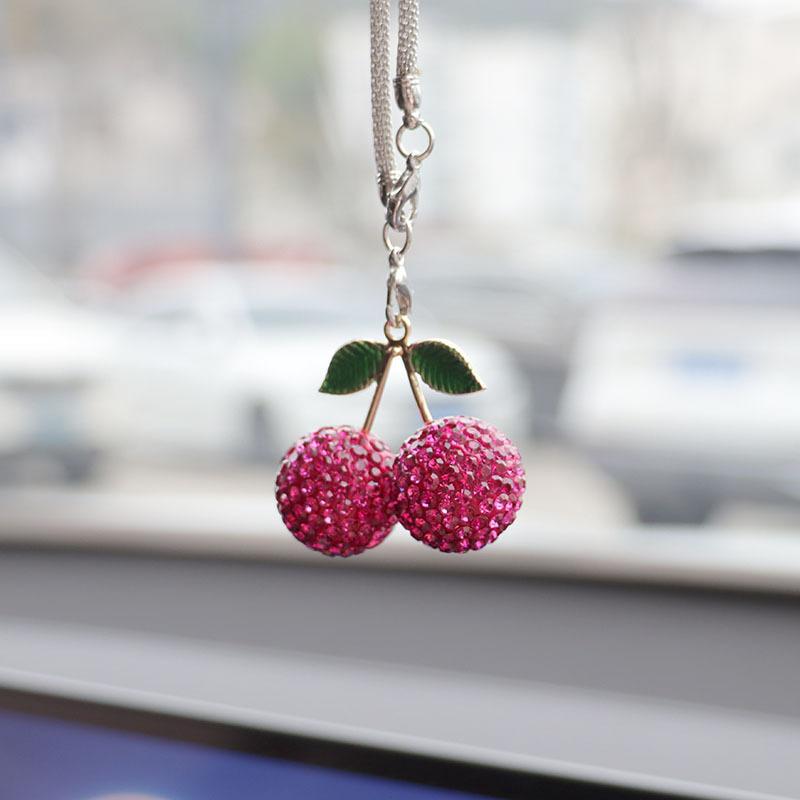 Bling Rhinestone Strawberry Cherry Car Hanging Ornament Sparkling Crystal Fruit Rearview Mirror Charm Aesthetic Car Interior Decor Accessories for Women Girls
