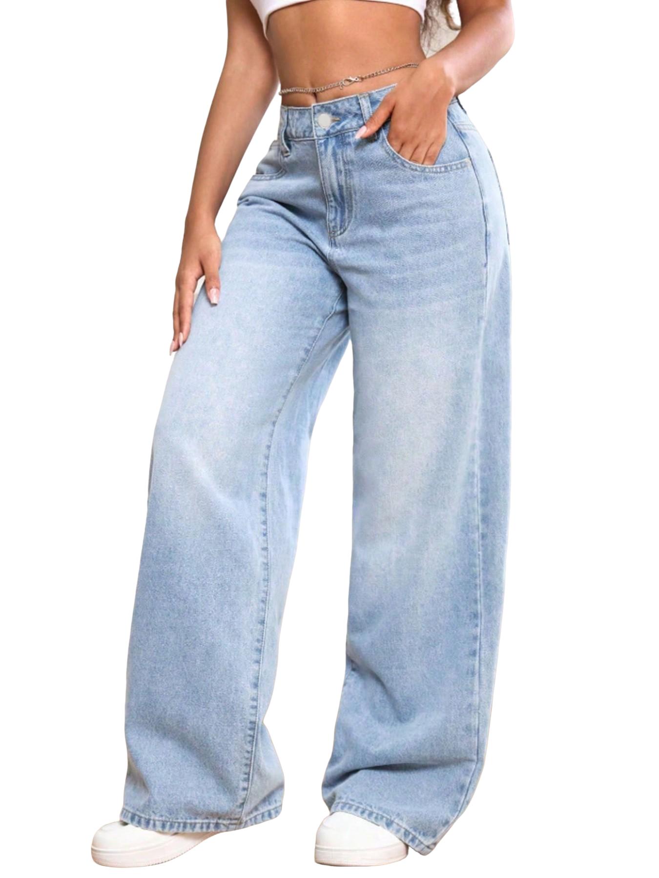 Teen Girls High Waisted Baggy Jeans, Summer Dark Washed Wide Leg Denim Jeans, Loose Straight Trousers 12-16y