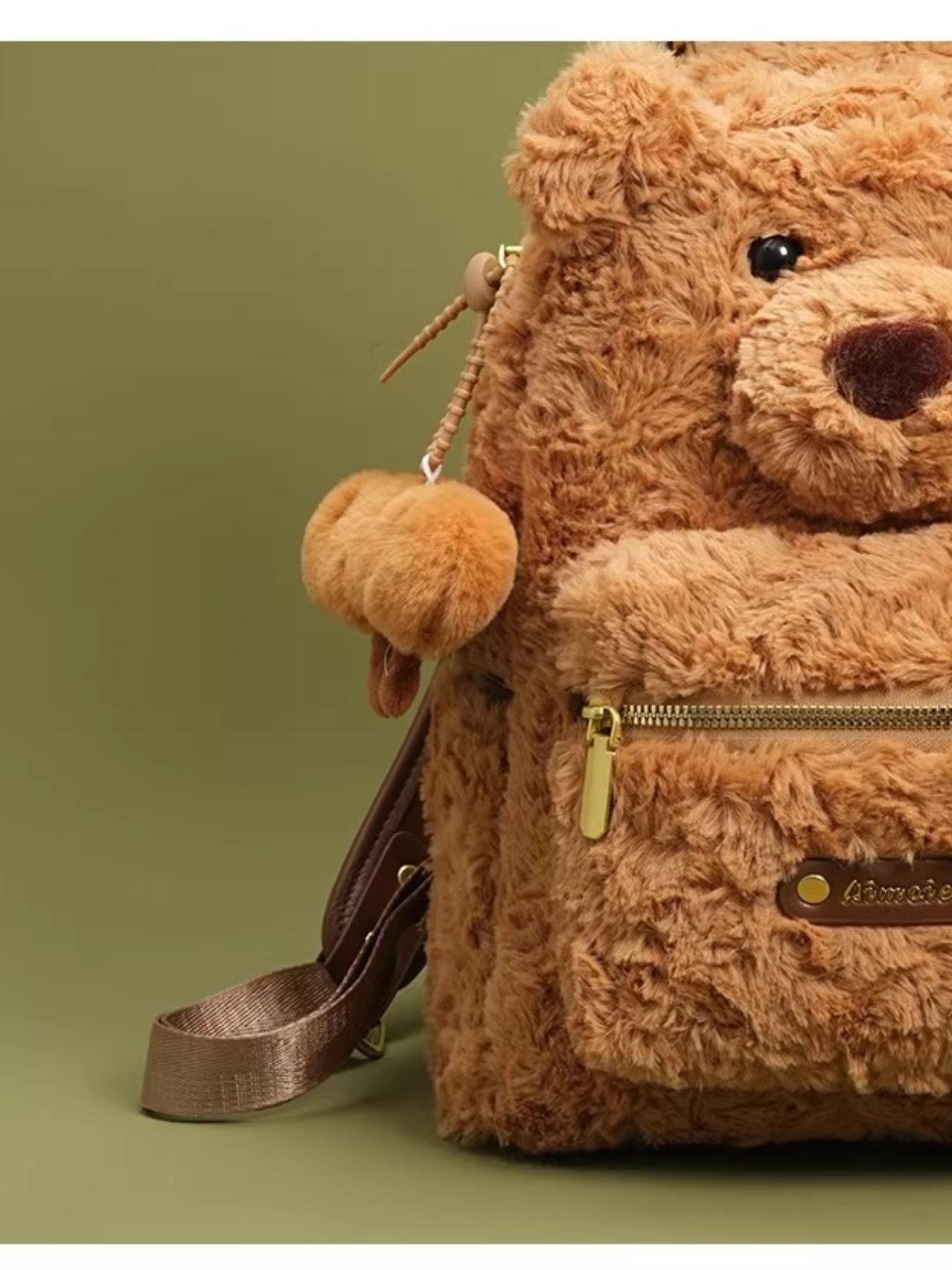 Teddy Bear Backpack - Cute and Playful Plush Shoulder Bag for Women | Mini Backpack with 3D Bear Face and Pom-pom Ornaments | Soft and Fluffy Crossbody Bag, Ideal for School, Outings and Daily Outfits | Viral Fashion Accessory on Douyin | Perfect Gift for