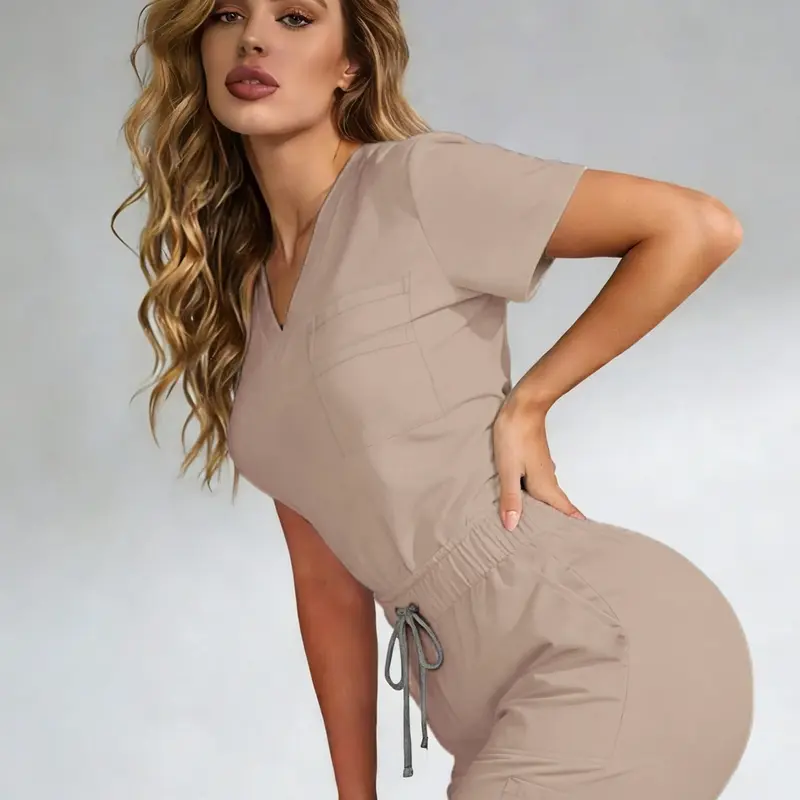 Women's Stretch Short Jogger Scrubs Set, Smooth Quick-Drying Workwear Uniform with Multiple Pockets, Breathable and Wrinkle-Resistant, Hospital Working Scrubs