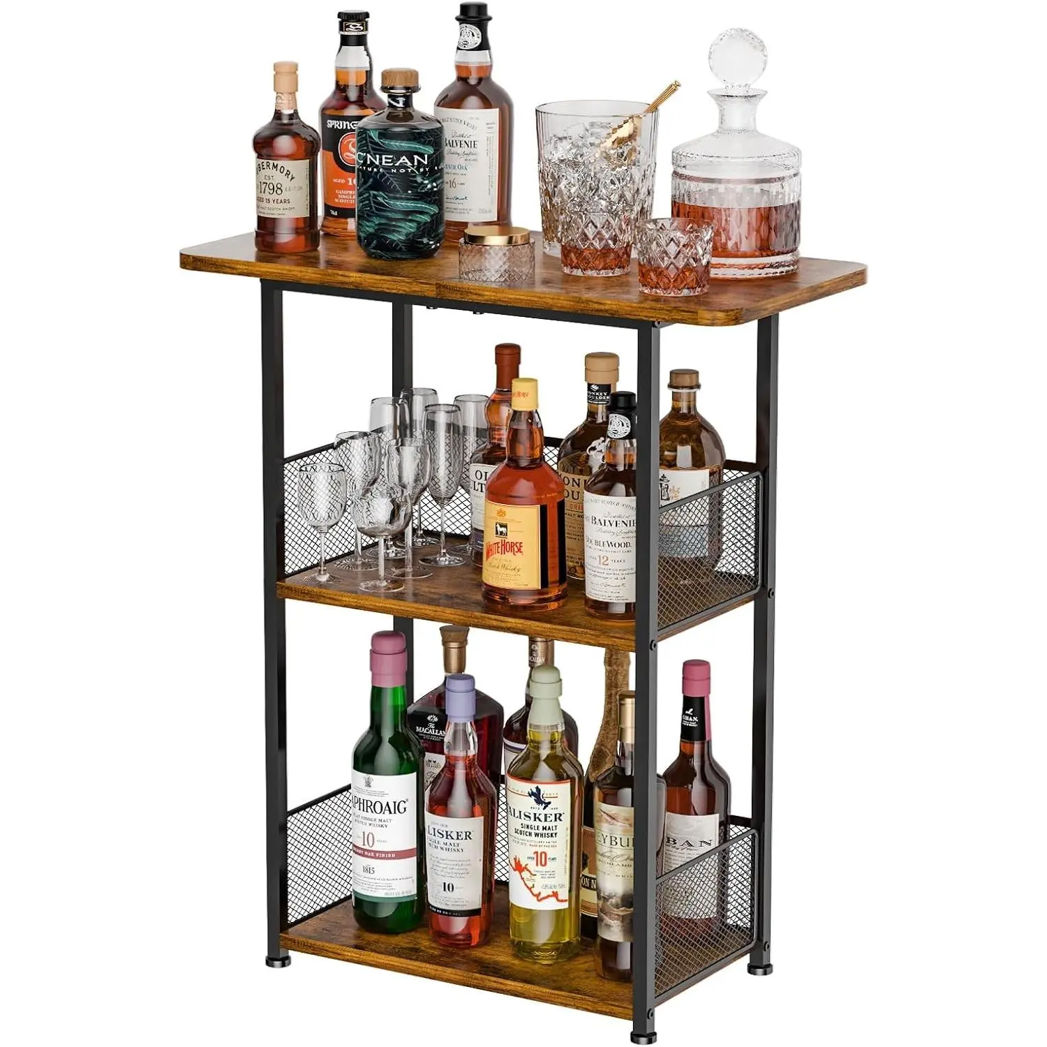 Freestanding Wine Rack,3-Tier Small Mini Bar Table Liquor Cabinet with T-Shaped Countertop,Rustic Wood Metal Floor Wine Bottle Storage Stand for Home Bar Corner-23.62 x 9.44 x 27.67inches