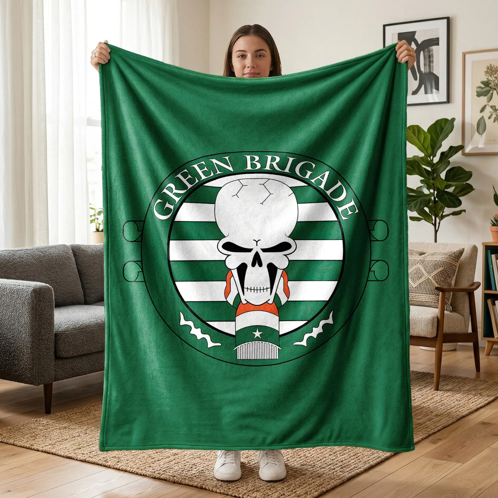 1PC Green Brigade Skull Emblem Themed Flannel Throw Blanket, Printed Skull Logo, Green White Stripes, Circular Badge Pattern & Vintage Trendy Decor Elements. Soft Warm Blanket for Sofa, Bed, Office, Shawl, Camping, Ideal Christmas Gift.