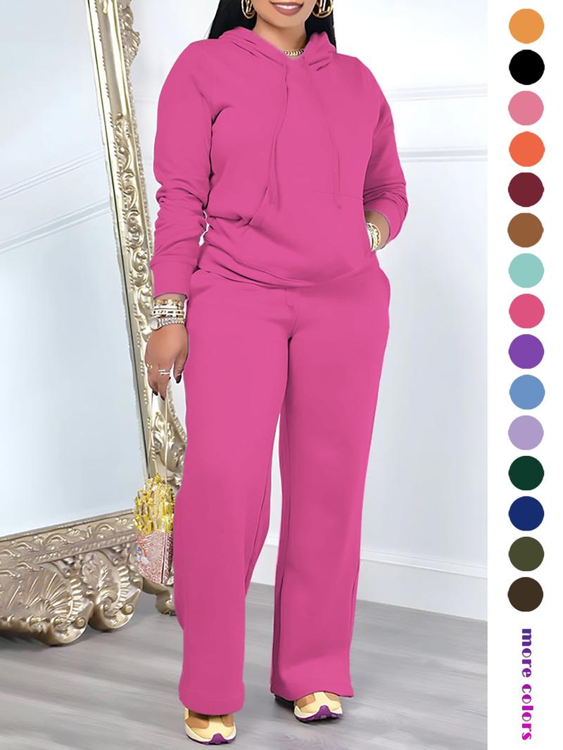 Two-Piece Set Women's Solid Drawstring Hoodie & High Waist Pants Set, Casual Long Sleeve Pocket Hooded Sweatshirt & Straight Leg Trousers for Spring & Fall, Ladies' Clothes for Daily Wear Two-Piece Set Women's Solid Drawstring Hoodie & High Waist Pants Set, Casual Long Sleeve Pocket Hooded Sweatshirt & Straight Leg Trousers for Spring & Fall, Ladies' Clothes for Daily Wear