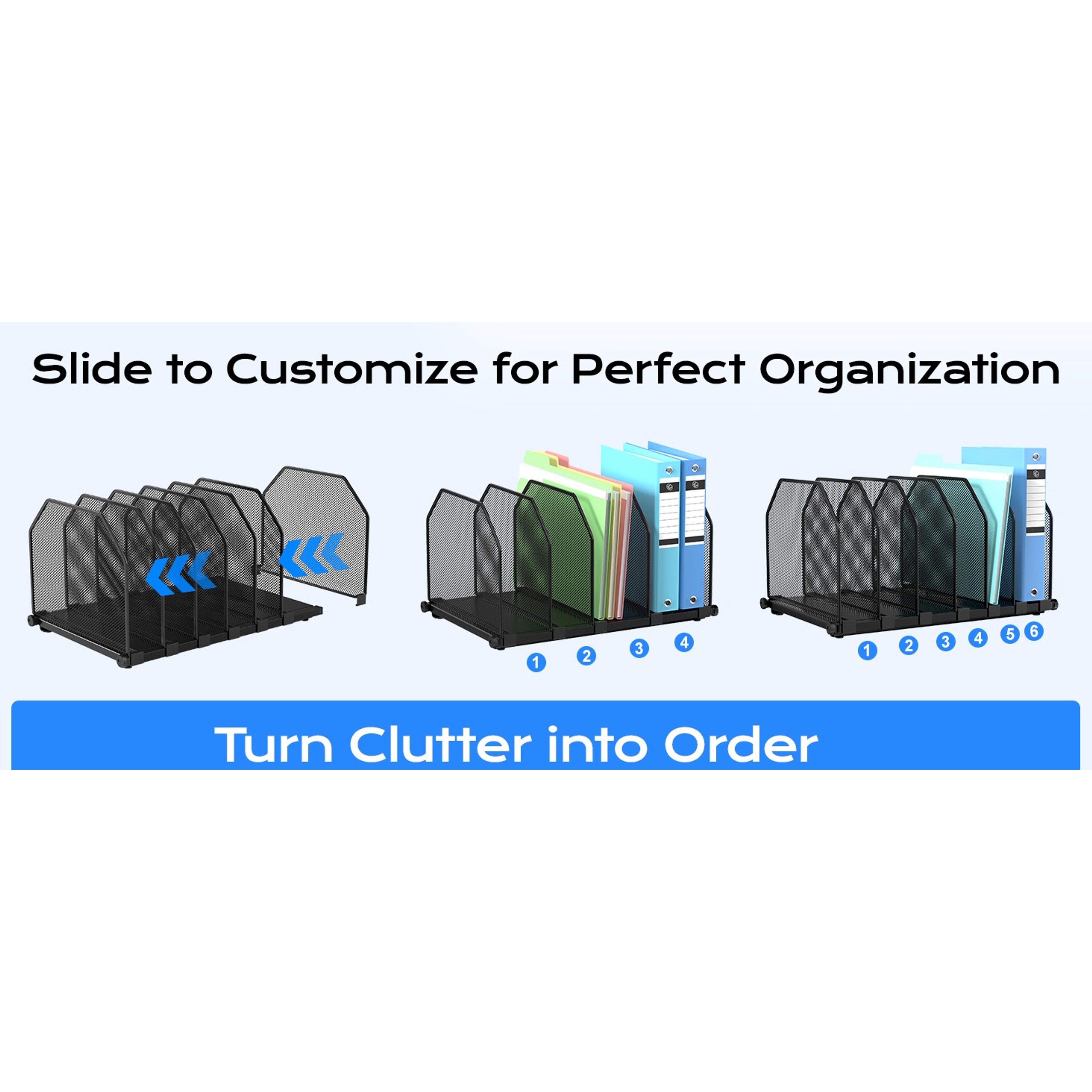 Adjustable File Organizer for Desk, 6 Sections Vertical File Folder Holders Desktop Binder Organizer, Mesh Desk Organizer File Sorter for Home Office ClassroomGift