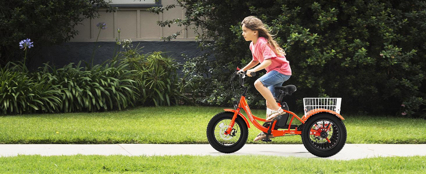 MOONCOOL Electric Tricycle for Youth, 35 Miles 16IN 3.0 Fat Tire Electric Trike, 3 Wheels Electric Bicycle Bikes, 250W Aluminum Frame Electric Tricycle Etrike with Removable Battery and Basket