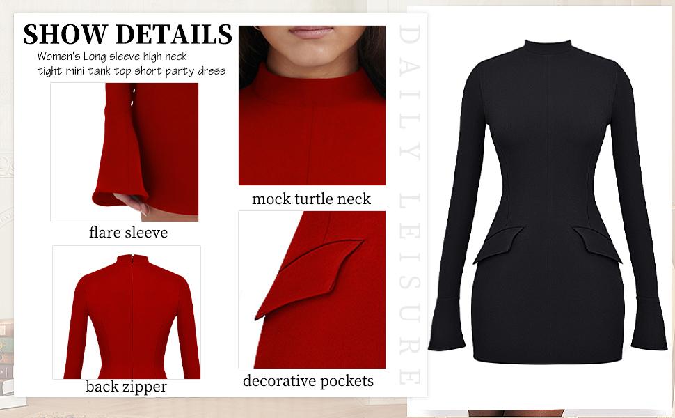 OYV Women's Long Sleeve Mock Turtle Neck Bodycon Mini Tank Short Party Dress