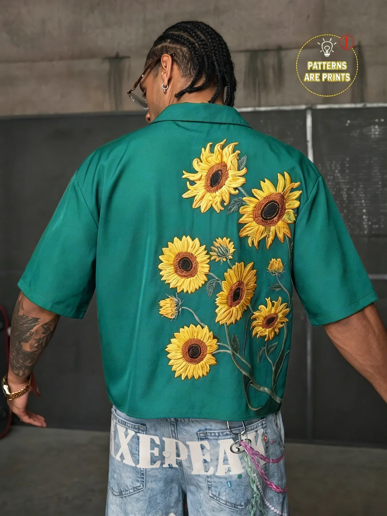 Men's Sunflower Print Cuban Collar Short Sleeve Shirt | Loose Vintage American Casual Button Up Top | Summer Streetwear Fashion Floral Graphic Shirt for Men