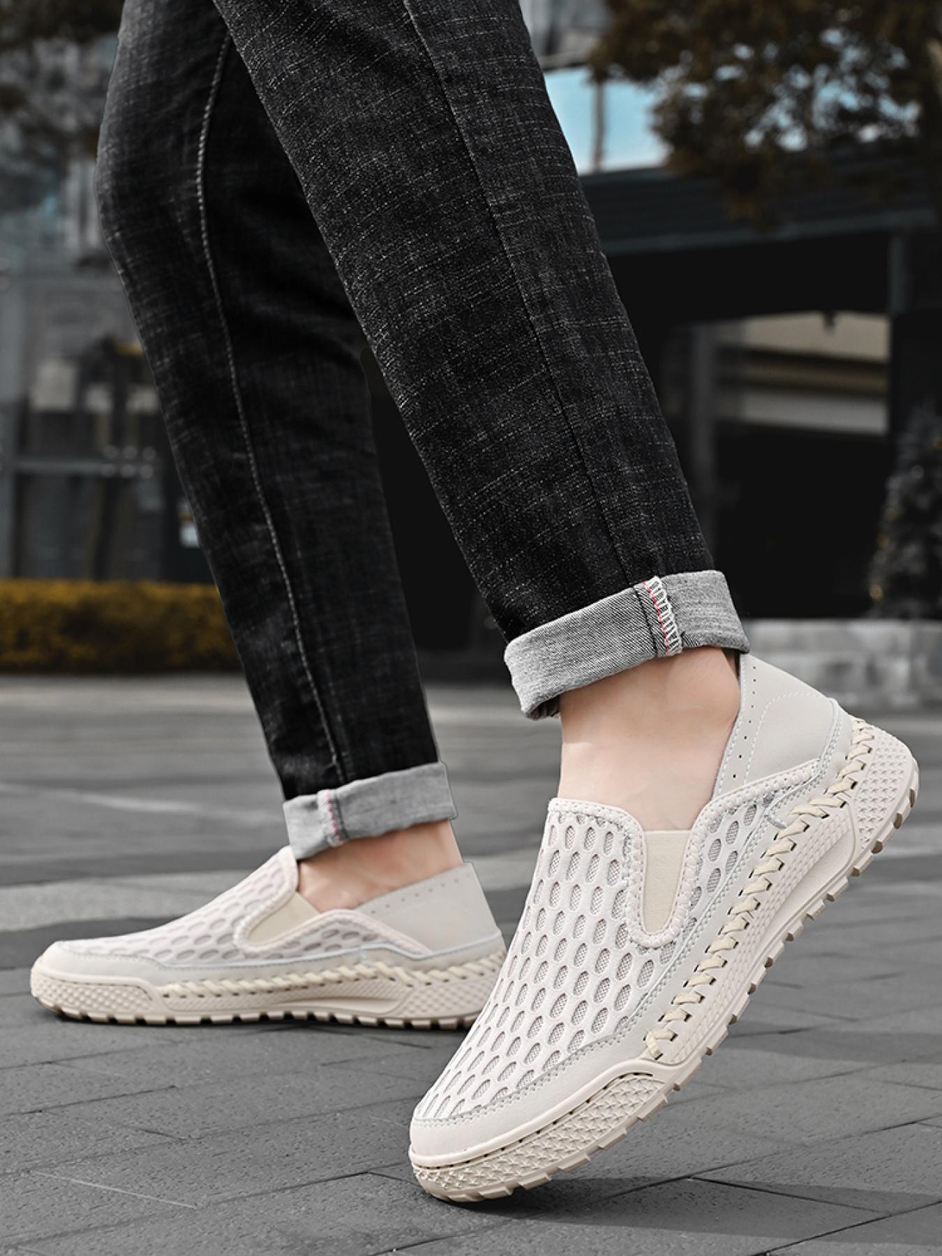 Men's Solid Color Mesh Breathable Slip-On Loafers, Soft Sole Anti-Slip Hand-Stitched Walking Shoes, Lightweight Casual Dad Shoes