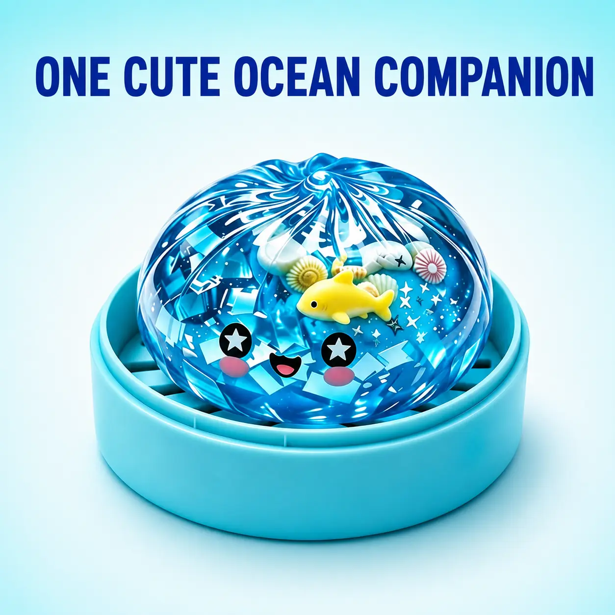 Deep Sea Crystal Cabin Ocean Dumpling Squishy, Blue Sensory Squeeze Toy with Yellow Fish, Seashells and Aqua Steamer Base, Kawaii Fidget Stress Ball Gift