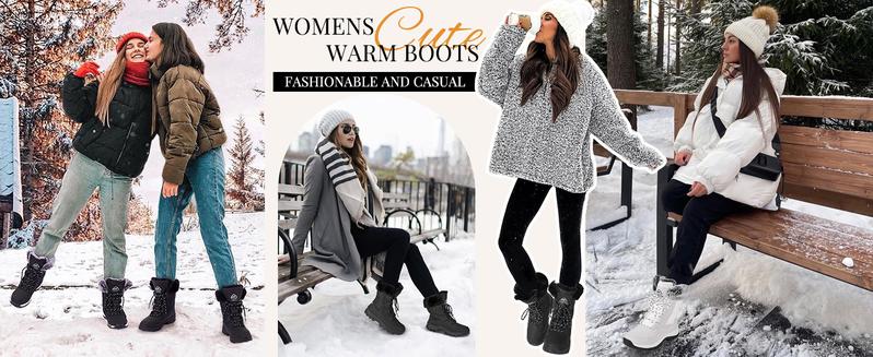 [JF]  Womens Winter Snow Boots for Women - Dual Style Fur Collor Waterproof Snow Boots for Women with Memory Foam Insoles - Snow Boots with Heat Retain Technology