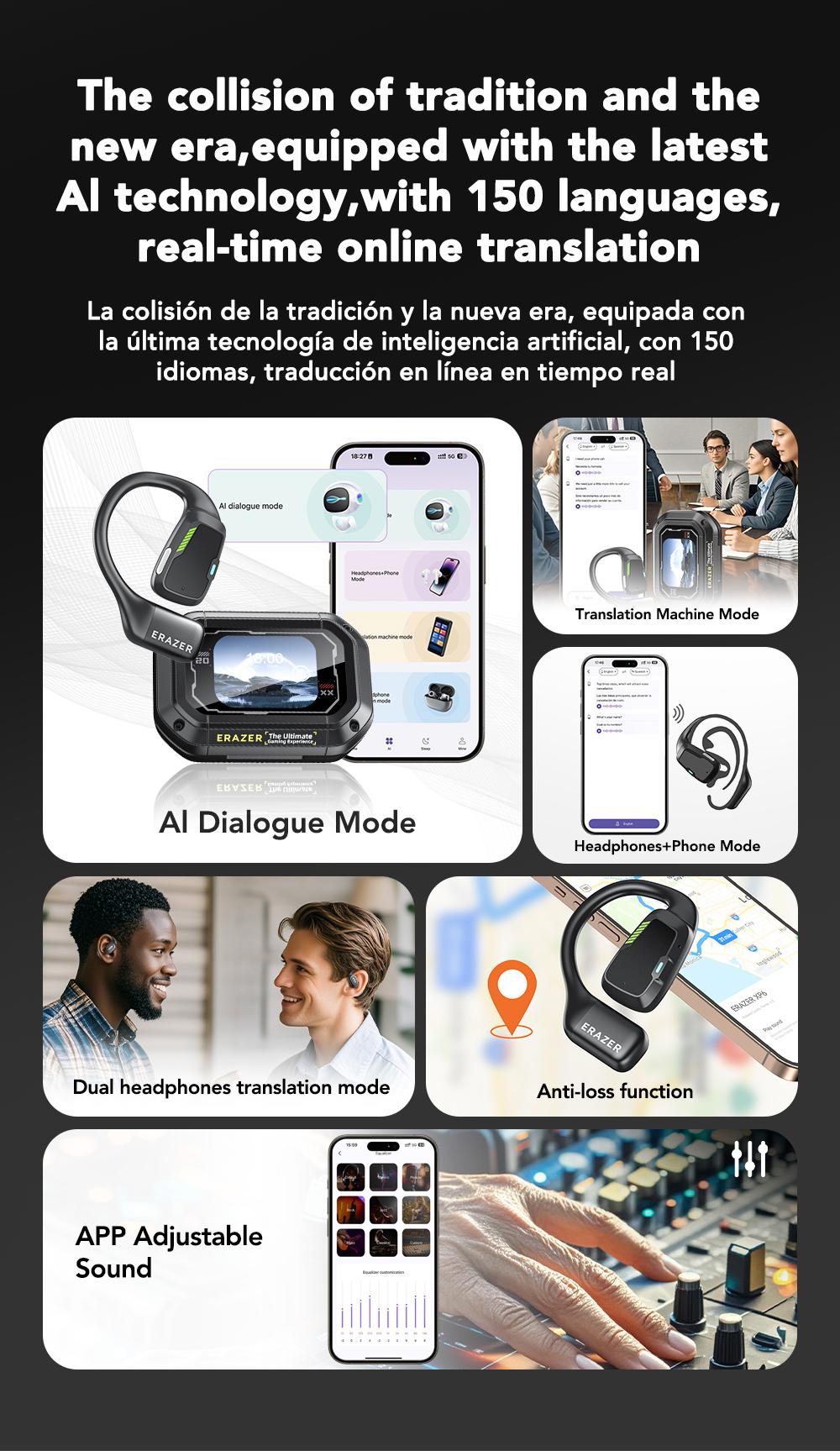 ERAZER XP6 Translation Wireless Earbuds With APP Bluetooth 5.4 Earphones,LED Lights Touchscreen, Built-in Mic ,High-quality sound Translate Earbuds, Clear call,30H Playtime Earphones,for Gym Running Workout