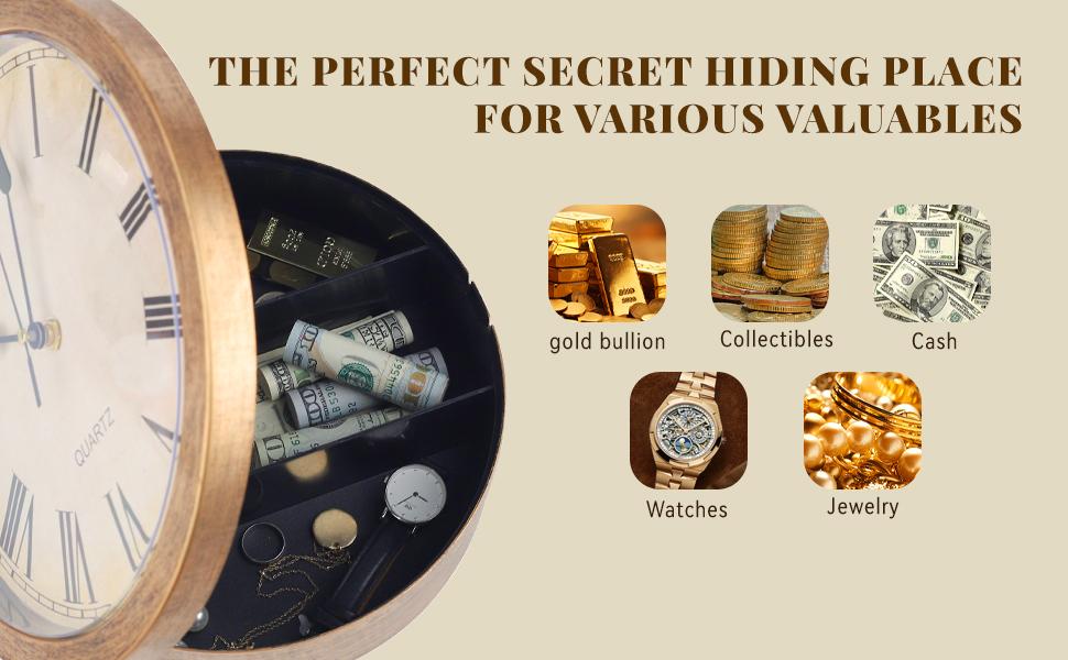 10-inch silent wall clock safe with a secret coin compartment.Multifunctional for storing cash, jewelry, and valuables.Suitable for homes, offices, living rooms, etc.Safe and reliable with a vintage decor.