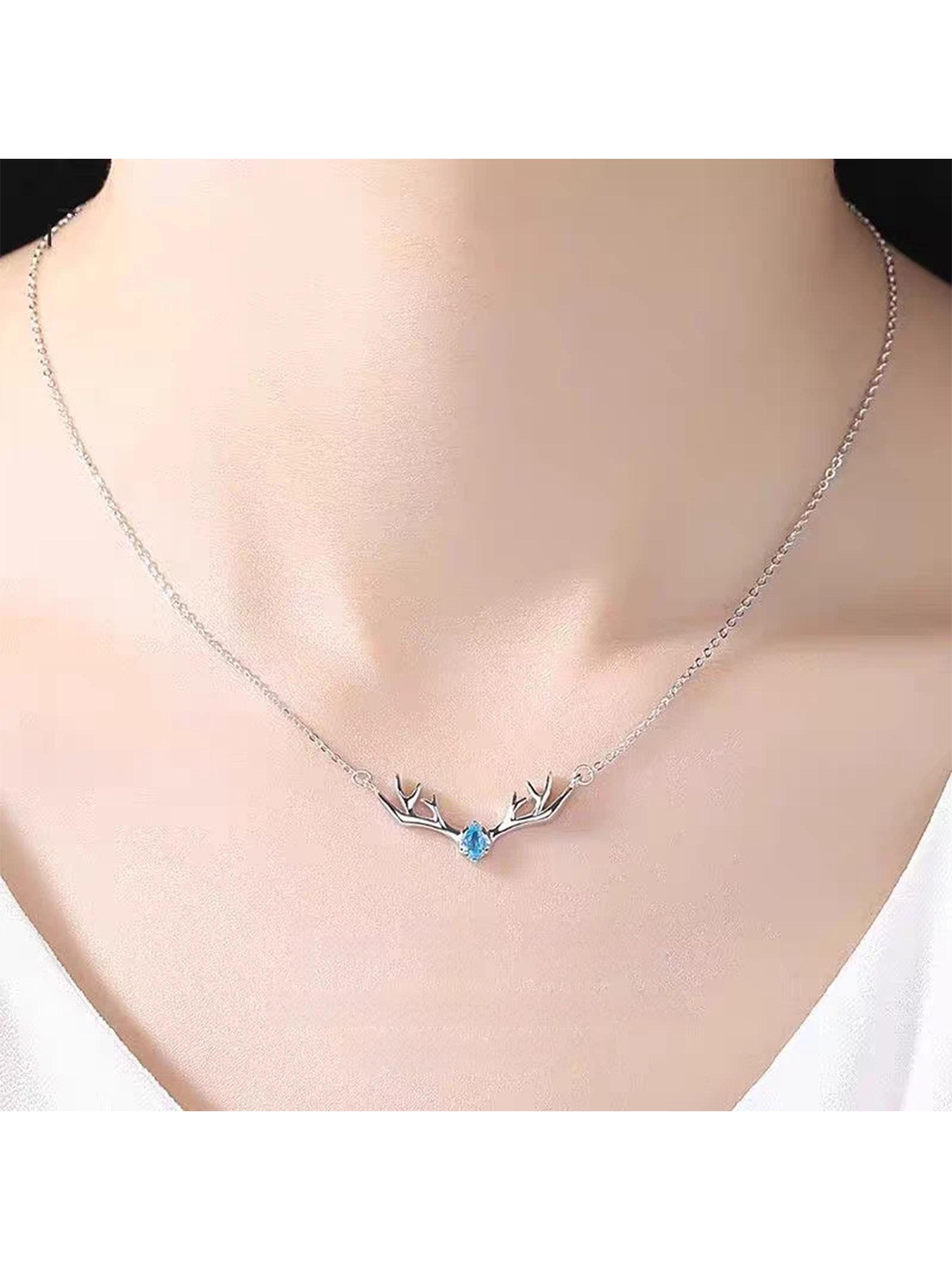 Tarnish-Free Titanium Steel Antler Necklace for Women - Waterproof Blue Crystal Deer Pendant Jewelry Gift