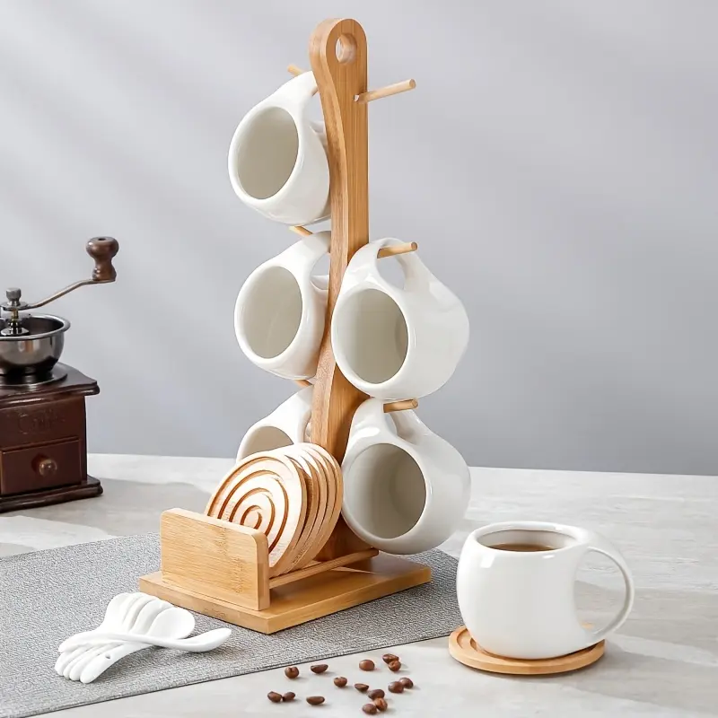 6-Piece Ceramic Coffee Mug Set with Wooden Coasters & Mug Rack – Perfect for Latte, Cappuccino & Espresso, Tea Cups for Home, Office & Café Use, Ideal Holiday & Birthday Gift, 200ml / 6.8 oz