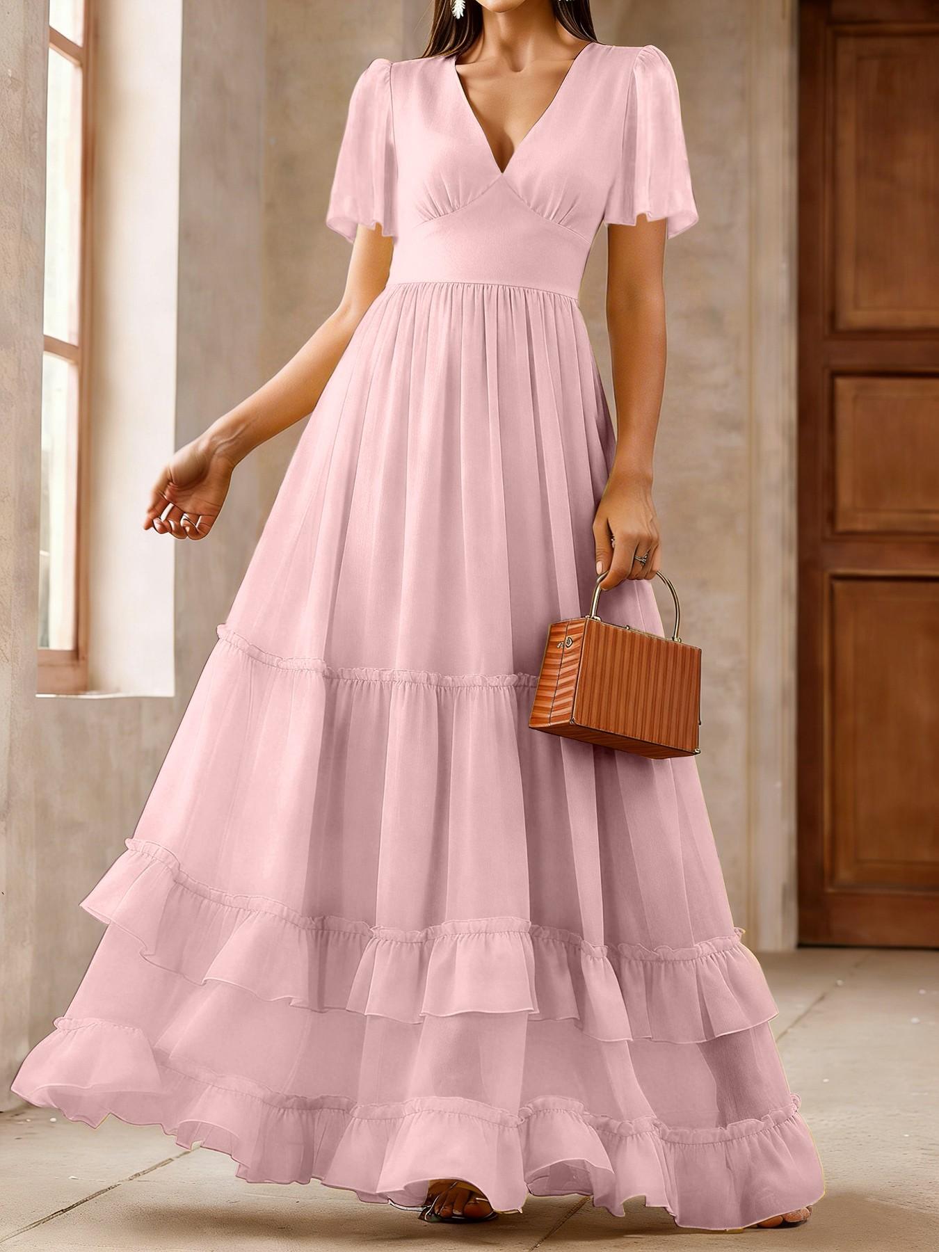 Spring Summer Dress, Cake Skirt V Neck Ruffle Long Dress, French Gentle Style, Beach Vacation, Wedding Bridesmaid Dress