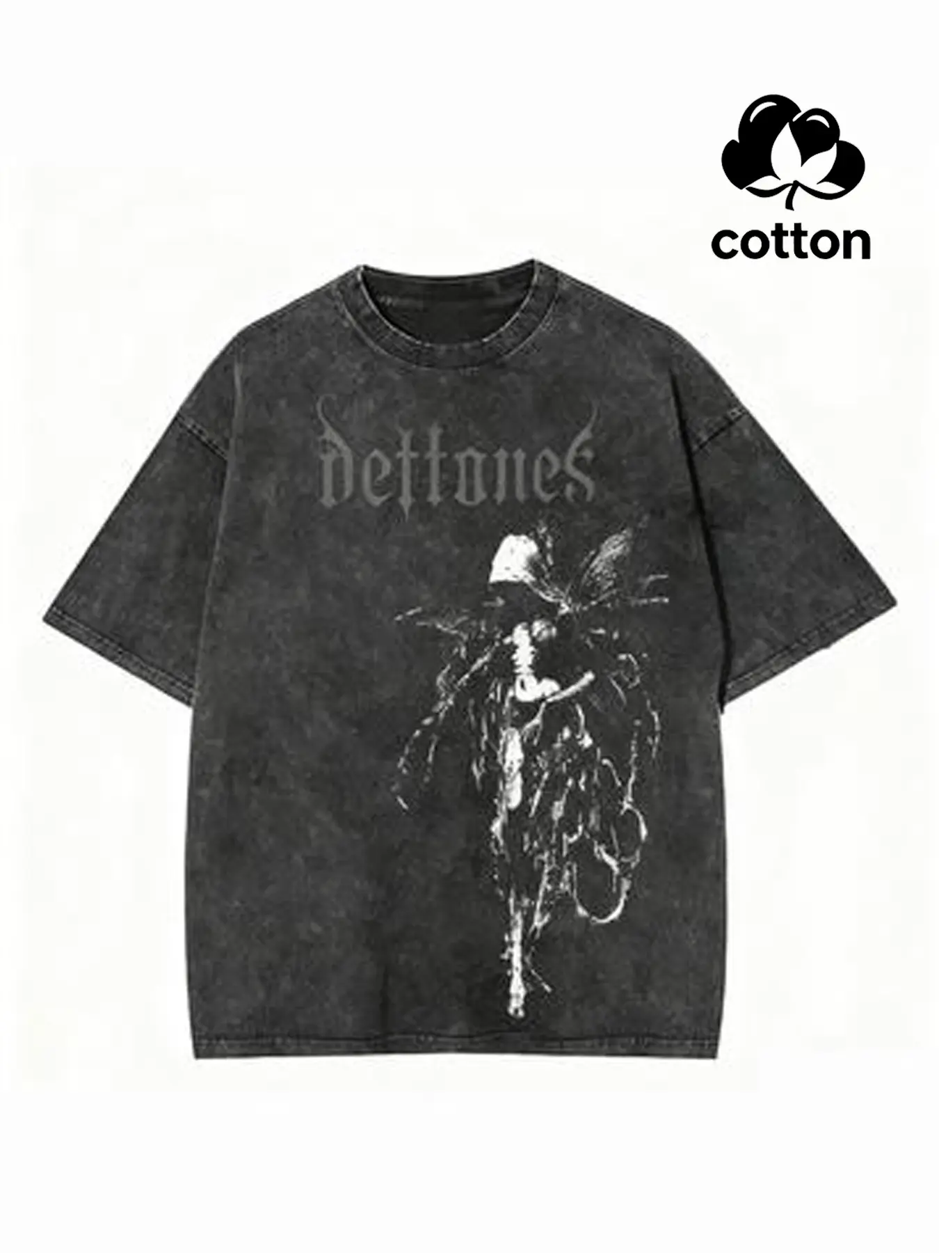 Dark Rock Casual Style Vintage Distressed Short Sleeve T-Shirt, Menswear, Heavy Washed Craftsmanship, Deftones Band Art Print, Loose Oversized Fit, Streetwear Icon, Stylish Graphic Tee