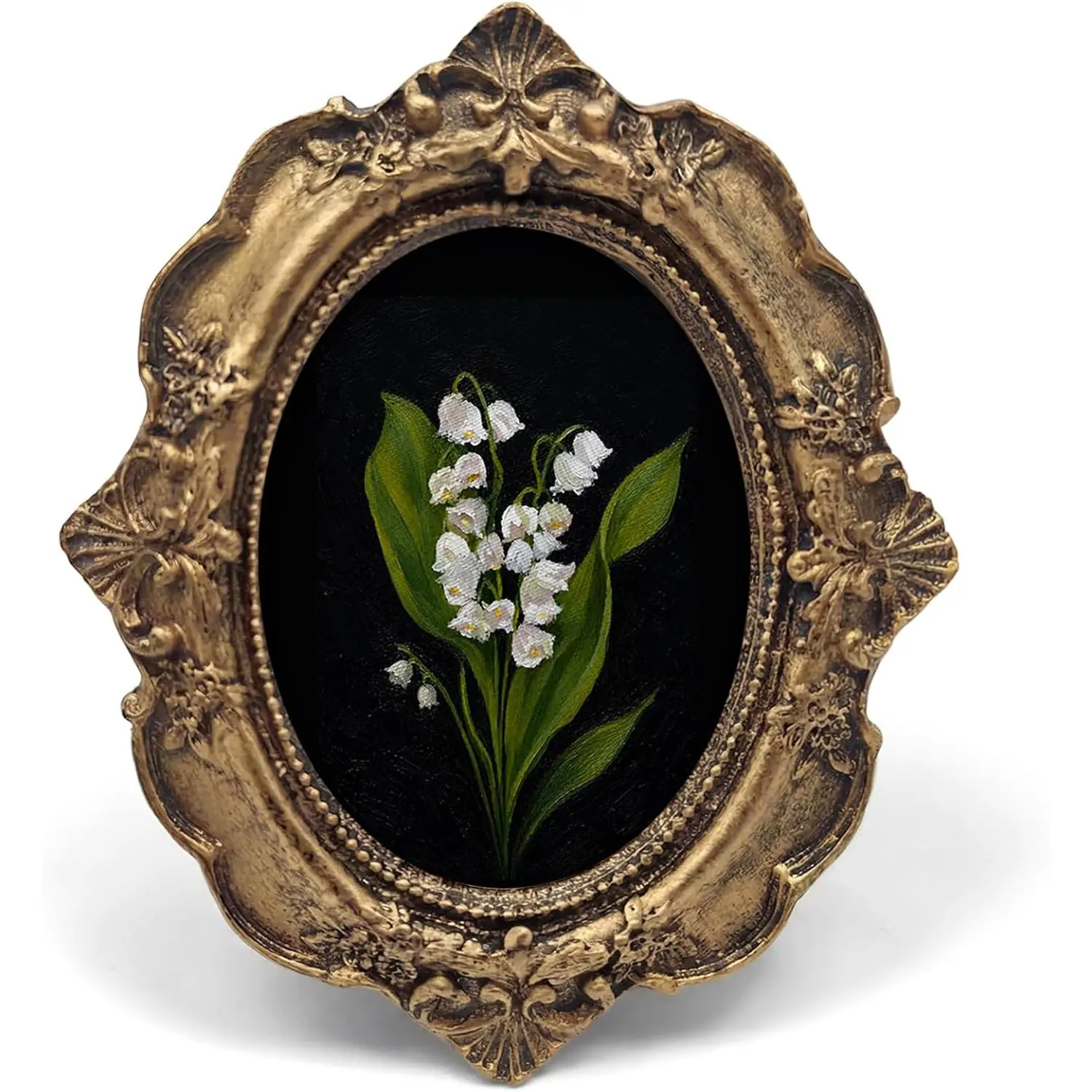 Vintage Flower Lily of The Valley Small Oval Picture Frame, Dark Academia Black Floral Bronze Photo Frame,Rustic Mini Tabletop Wall Decor Art for Shelf Desk Bedroom Living Room Home 3.9x4.7in