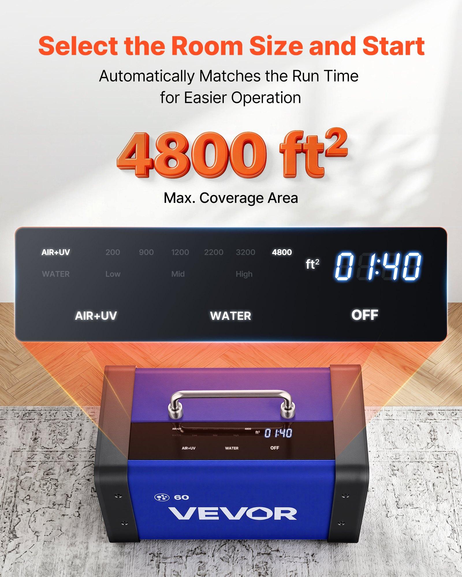 VEVOR Ozone Generator, 60000mg/h Commercial Ozone Machine, with 15s Delayed Start & Dual-Hose Water Mode & LCD Touchscreen, Industrial Deodorizer for Car, Smoke, Home Odors, Up to 4800 sq.ft