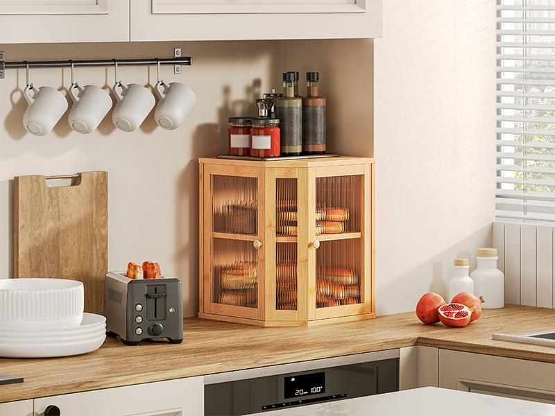 HOOBRO Bamboo Bread Box Large Capacity 2-Tier, Kitchen Countertop Corner Bread Box, Bread Storage Container with Dual Rippled Acrylic Doors, for Kitchen Food Storage, Natural#springtok