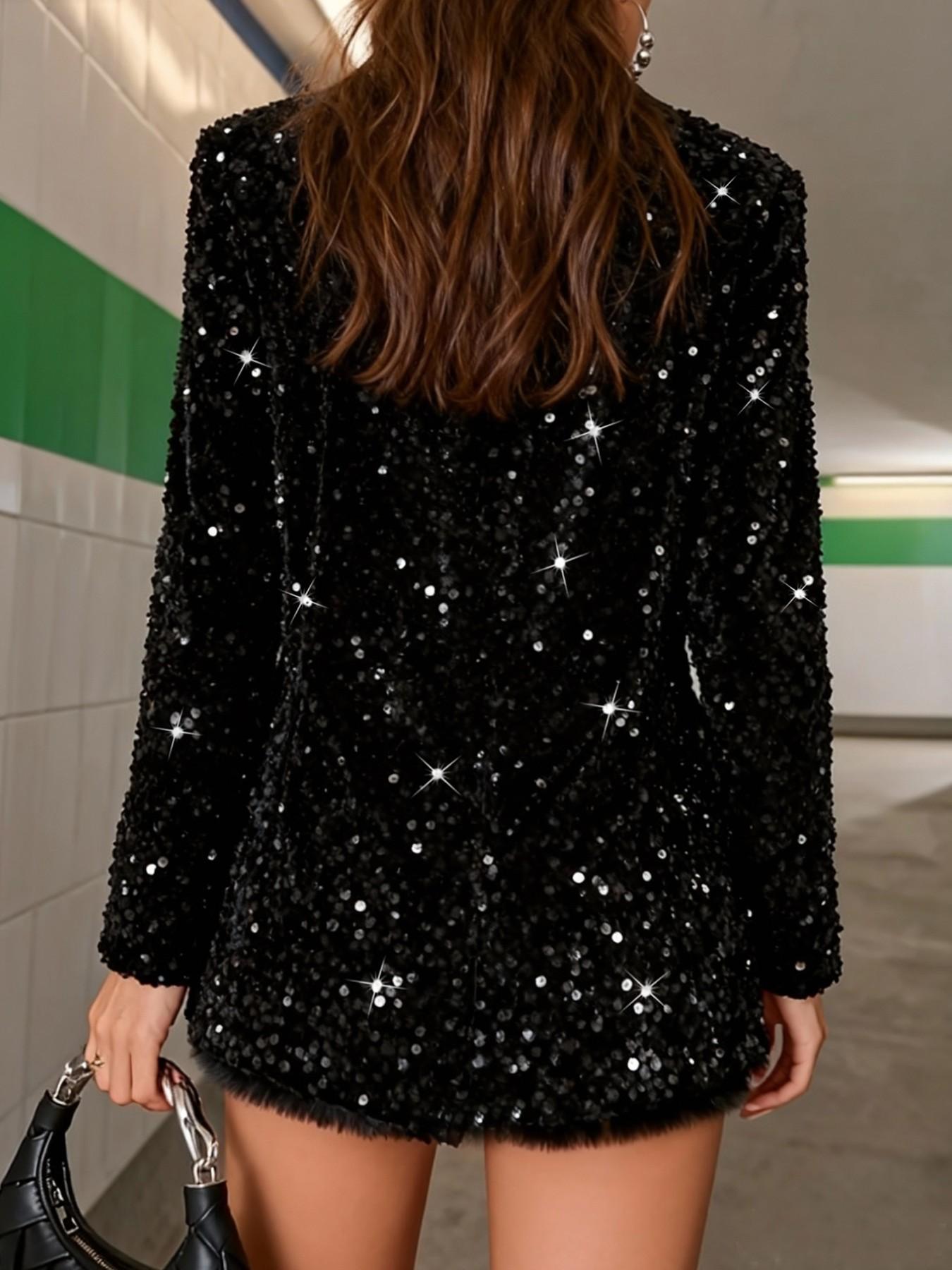 Women's Fashion Elegant Sequin Blazer Coat, Spring Fall Chic Satin Collar Loose Fit Slimming Streetwear Suit Top, Stylish Outerwear