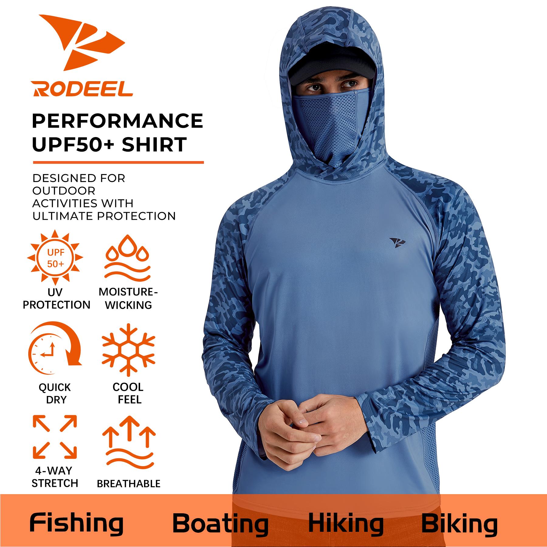 【RODEEL】915 Sun Hoodie Shirts with Mask Neck Gaiter Men UPF 50+ UV Protection Long Sleeve Lightweight Quick Dry Moisture Wicking Breathable Cooling Athletic Activewear for Outdoor Fishing Boating Hiking Cycling Construction Roofing Gardening Tree Service
