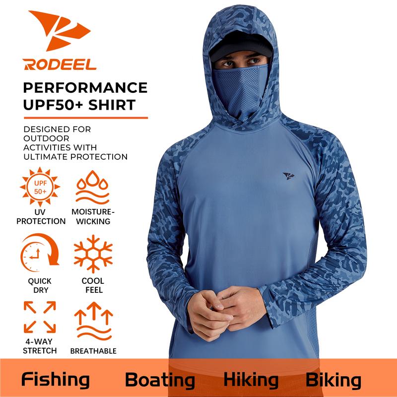 【RODEEL】915 Sun Hoodie Shirts with Mask Neck Gaiter Men UPF 50+ UV Protection Long Sleeve Lightweight Quick Dry Moisture Wicking Breathable Cooling Athletic Activewear for Outdoor Sports Hiking Fishing Construction Roofing Landscaping, Holiday Gift