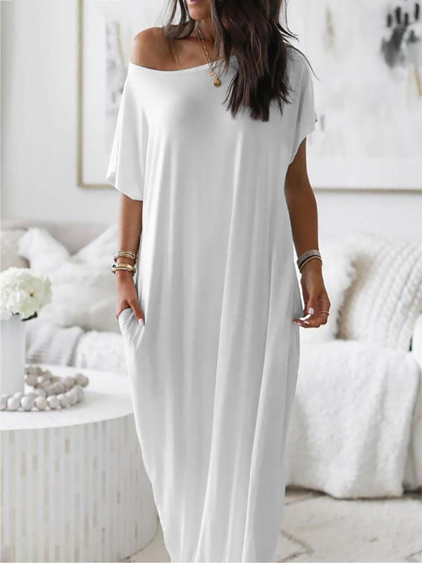 2026 Women's Solid Color Casual Loose Batwing Sleeve Loungewear Homewear Dress, Comfortable Daily Wearing Nightdress, Versatile Ladies' Sleepwear for All Seasons