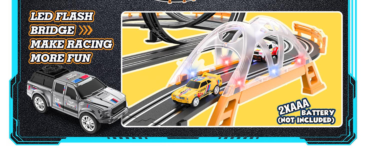 Slot Car Race Track Sets with 4 Slot Cars Electric Race Car Track Include Slope Circular Overpass Track Dual Racing Game Featuring Flash Bridge and Pendulum Gifts Toys for Boys Kids  Fathersdaygift Speed Checkpoint Outdoorfun Fun