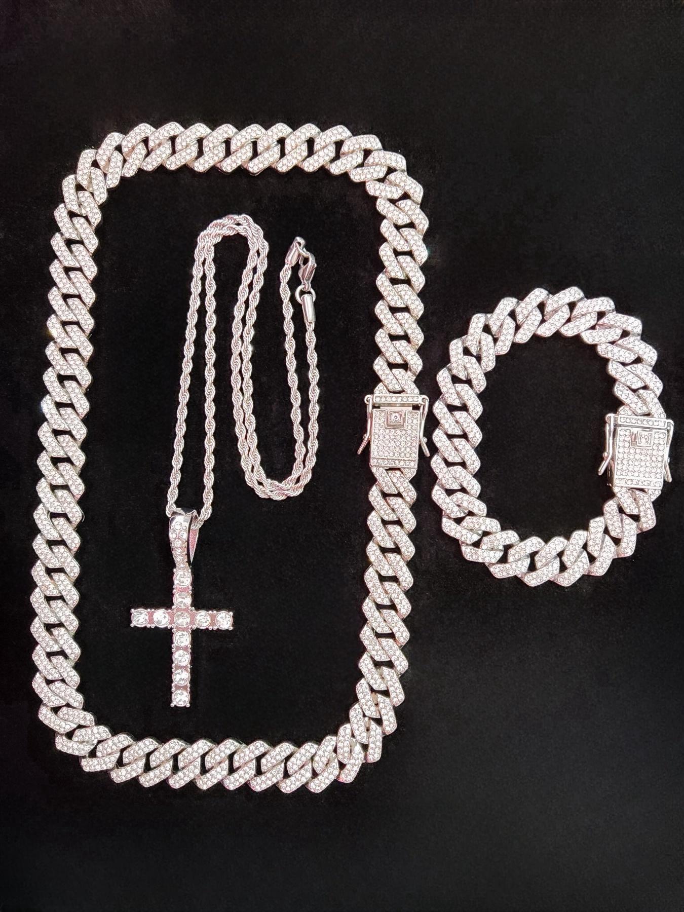 Rhinestone Cross Pendant Chunky Chain Necklace & Bracelet for Women & Men (3counts), Fashion Jewelry for Party, Daily Clothing Decor, Birthday Gift,  Charm Necklace