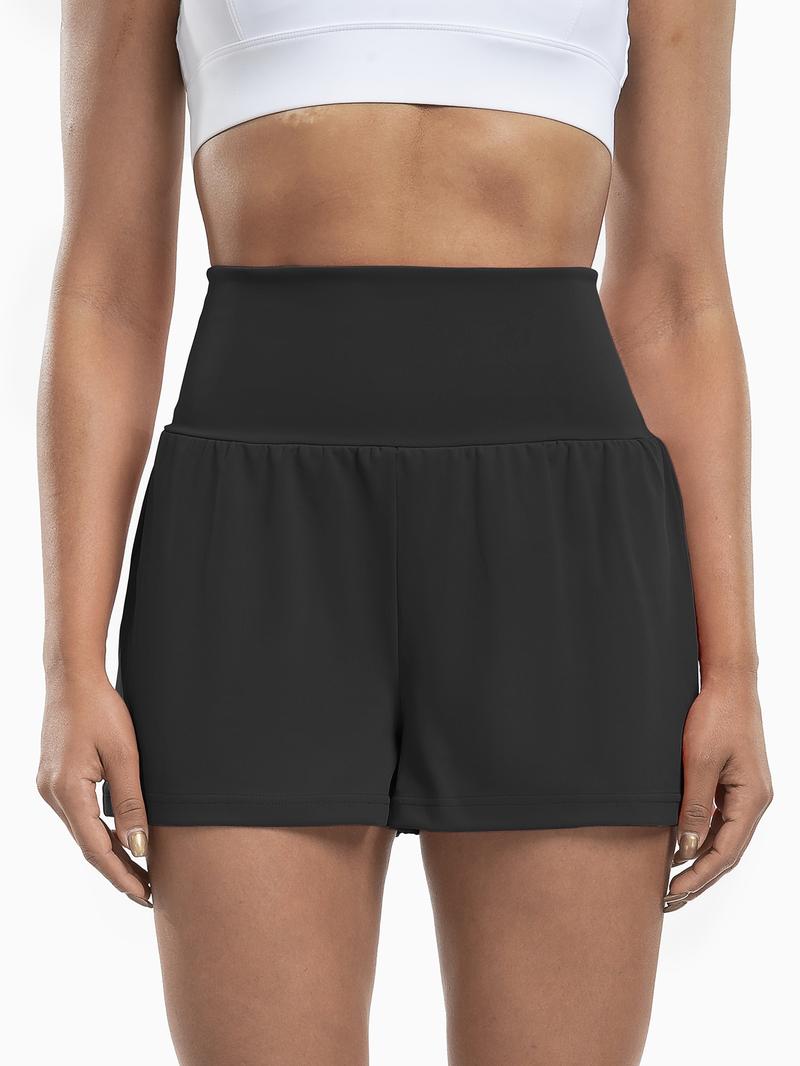 Women's Solid Color Pocket Sports Shorts, Comfy Breathable 2 in 1 Shorts for Yoga Gym Workout Running, Ladies Sportswear for All Seasons