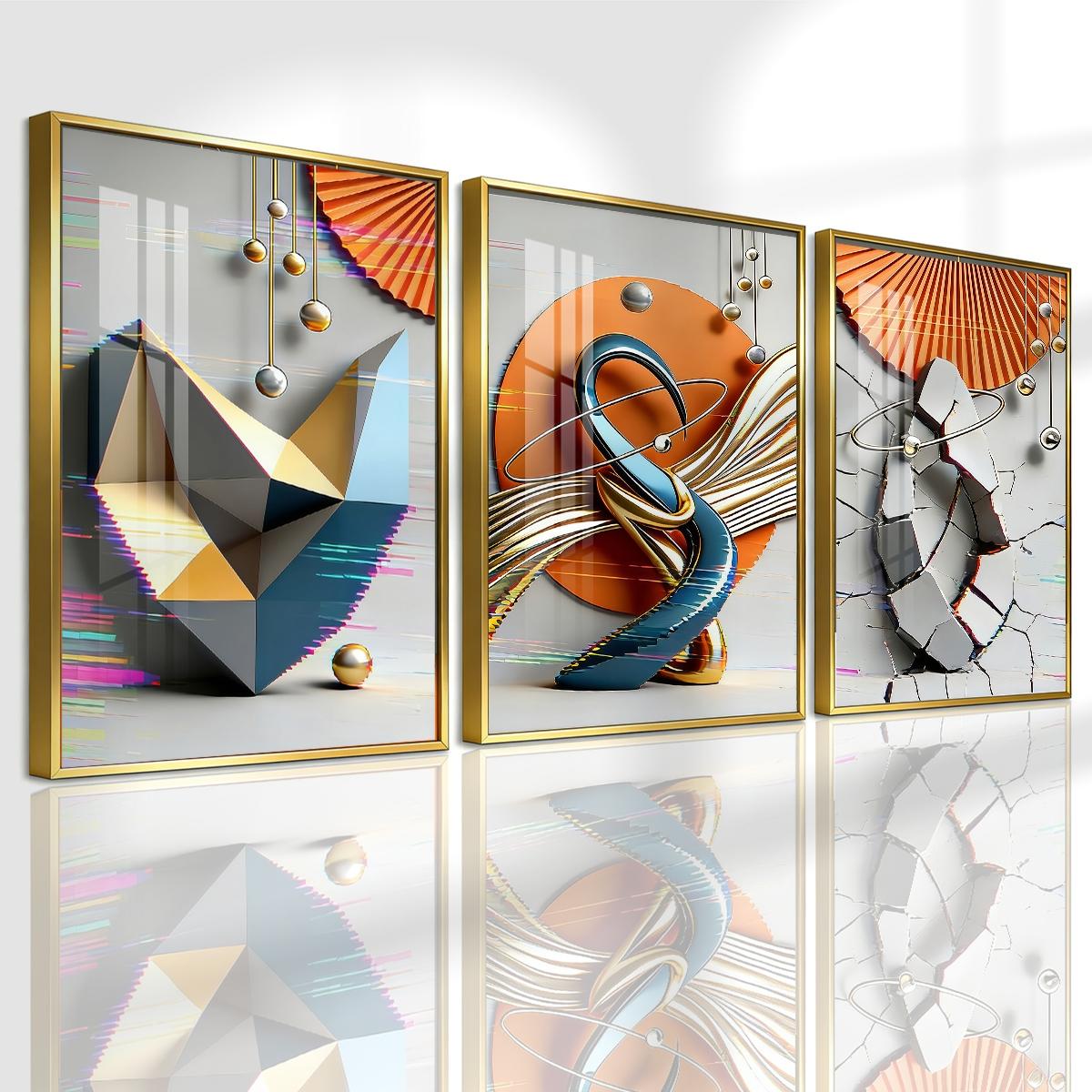 3 Counts Aluminum Alloy Framed Painting, Modern Geometric Abstract Art Pictures, Home Decoration For Living Room, Bedroom, Office, Restaurant, Hallway Wall Decor, Odorless Print Artwork, Luxury Perfect Gift For Friends And Family