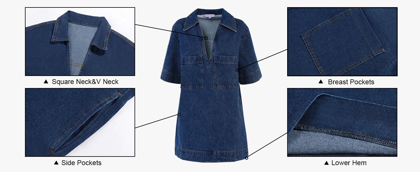 FMEYOA Womens Denim Shirt Dress Long Sleeve V Neck Loose Casual Jean Mini Dress with Pockets