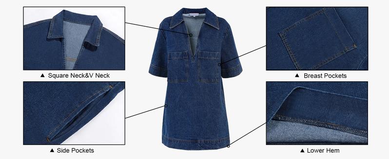 FMEYOA Womens Denim Shirt Dress Long Sleeve V Neck Loose Casual Jean Mini Dress with Pockets-B