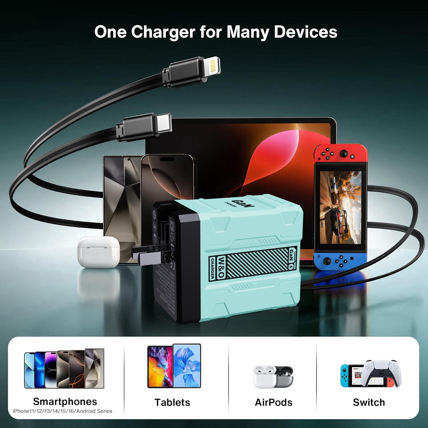 W&O 2 in 1 GaN Charger 80W MAX Fast Charger Folding Charging ortable Yellow Charging Block 2-Port Fast Compact GaN Charger