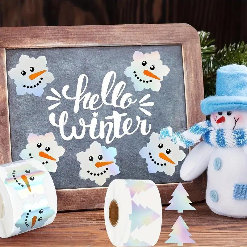 1 Roll/500pcs Rainbow Snowflake Stickers, Holographic Christmas Winter Decor, Snowman Tree Clouds, Party Card Making Material