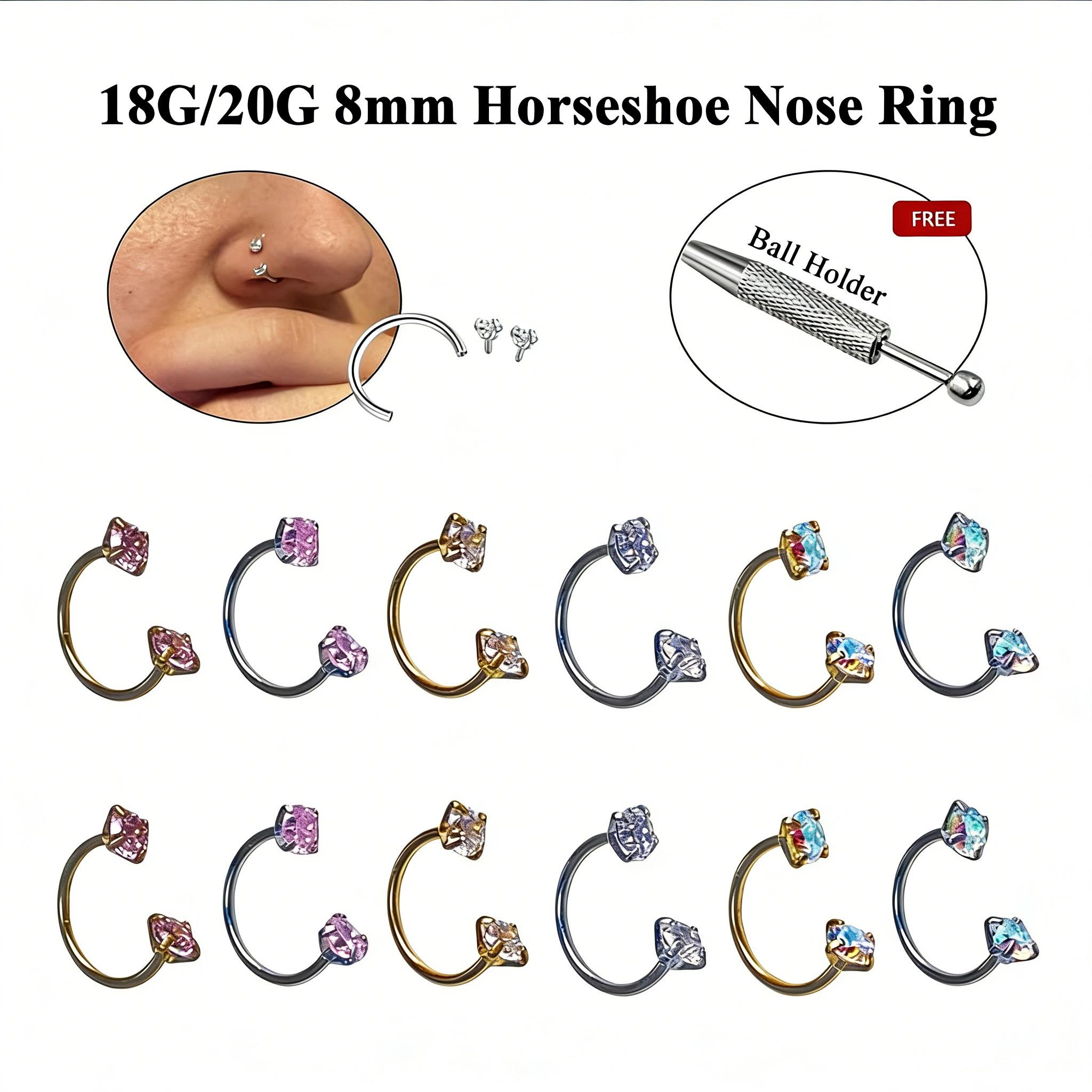 6-Piece Value Set 316L Medical Grade Titanium Nose Rings, 18g 1.0mm U-Shaped Nose Studs, Free Ball Tray and Guide Needle Included